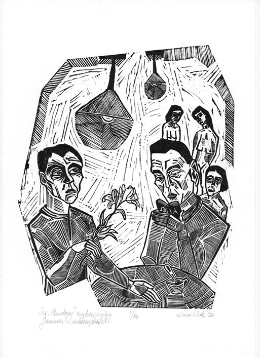 Św. Andrzej wybaczający fanowi nierządnic, 2020, linoryt, 18 x 22 cm